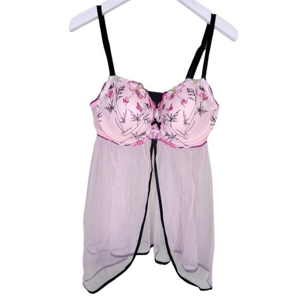 Victoria's Secret Chemise 34D Pink Floral Mesh Sheer Lingerie Embroidered Sexy